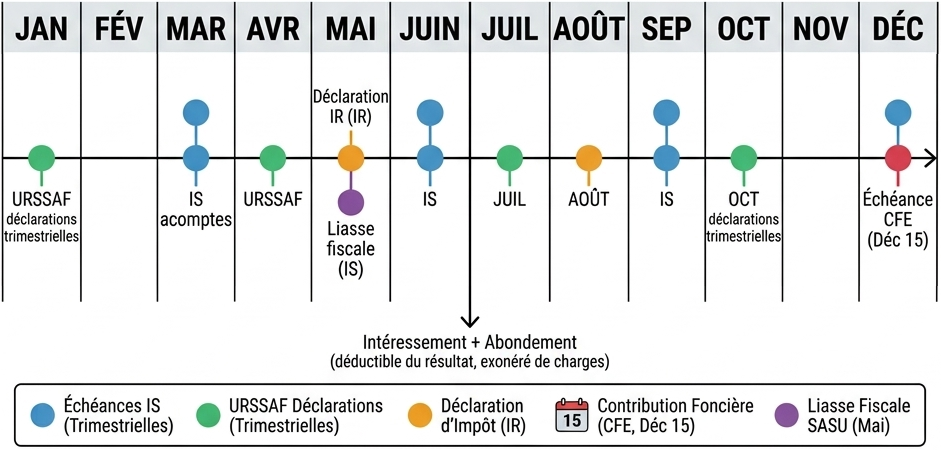 Calendrier annuel des échéances fiscales freelance : URSSAF, IS, IR, CFE, liasse fiscale