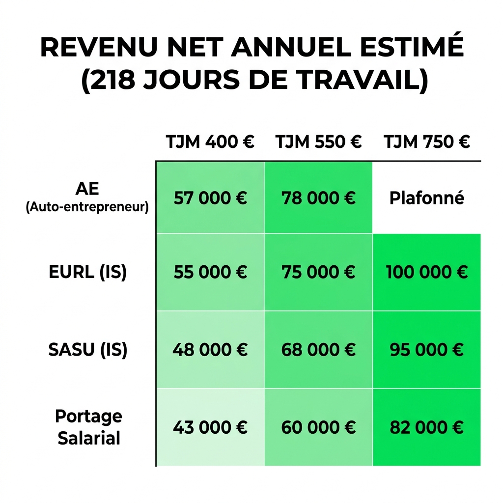 Grille de revenus nets freelance par TJM et statut : auto-entrepreneur, EURL, SASU, portage salarial