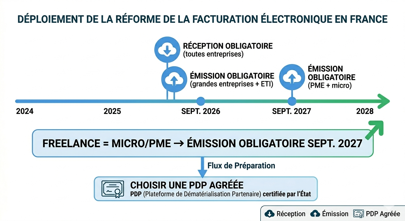 Calendrier déploiement facturation électronique : réception sept 2026, émission PME sept 2027