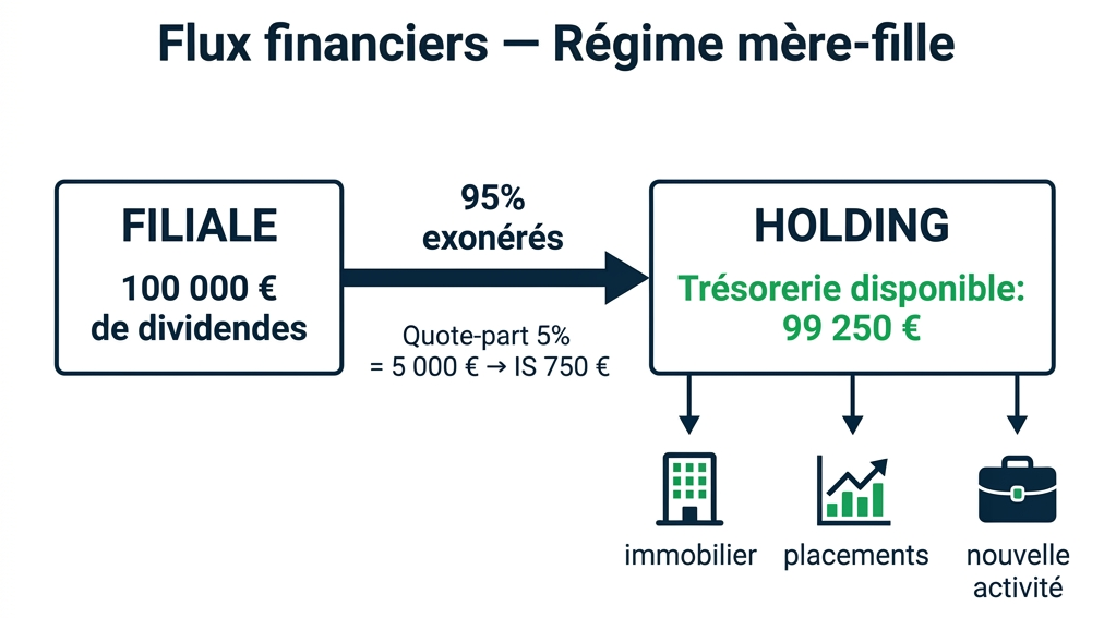 Flux financiers régime mère-fille : 95% exonérés, trésorerie holding 99 250 €