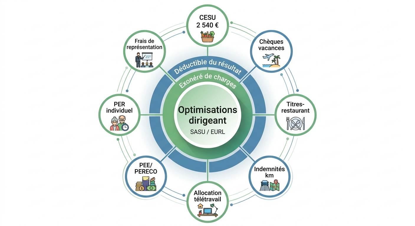 Vue d'ensemble des 8 optimisations fiscales du dirigeant SASU EURL : CESU, chèques vacances, PEE, PER, titres-restaurant