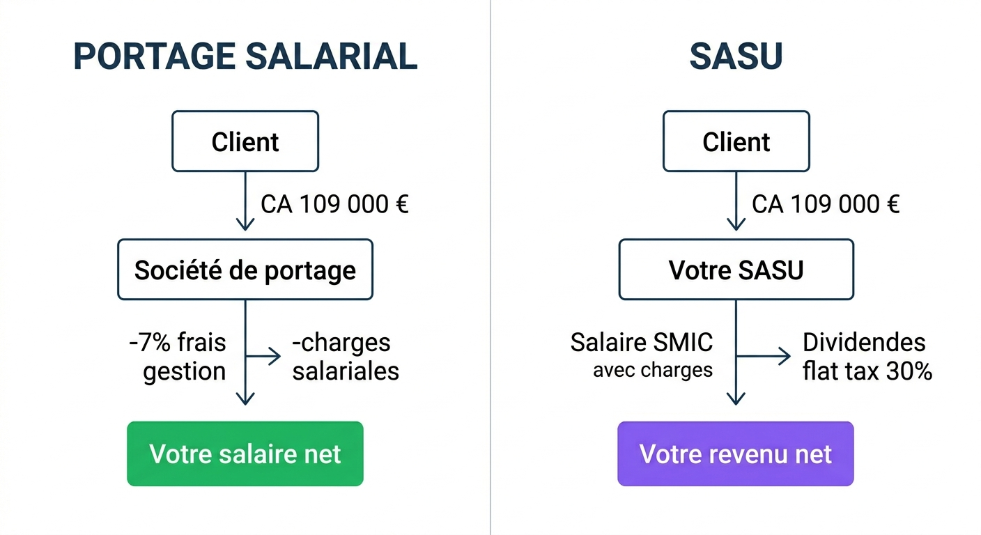 Comparaison flux de rémunération portage salarial vs SASU : du client au revenu net