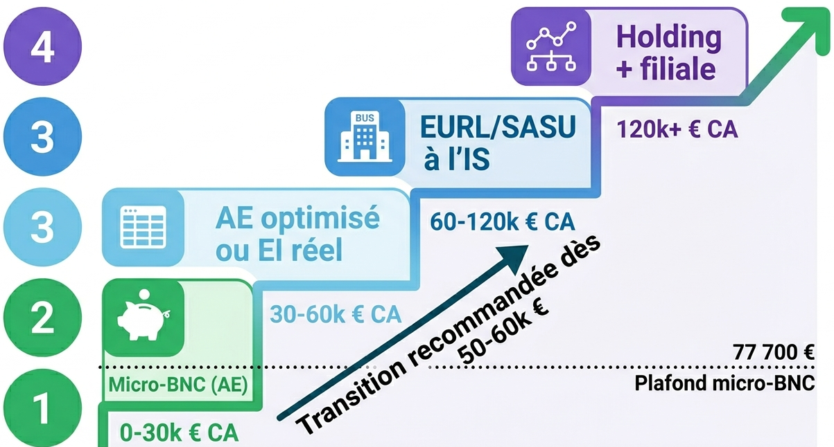 Trajectoire d'évolution du CA freelance : micro-BNC vers EURL SASU puis holding, paliers de chiffre d'affaires