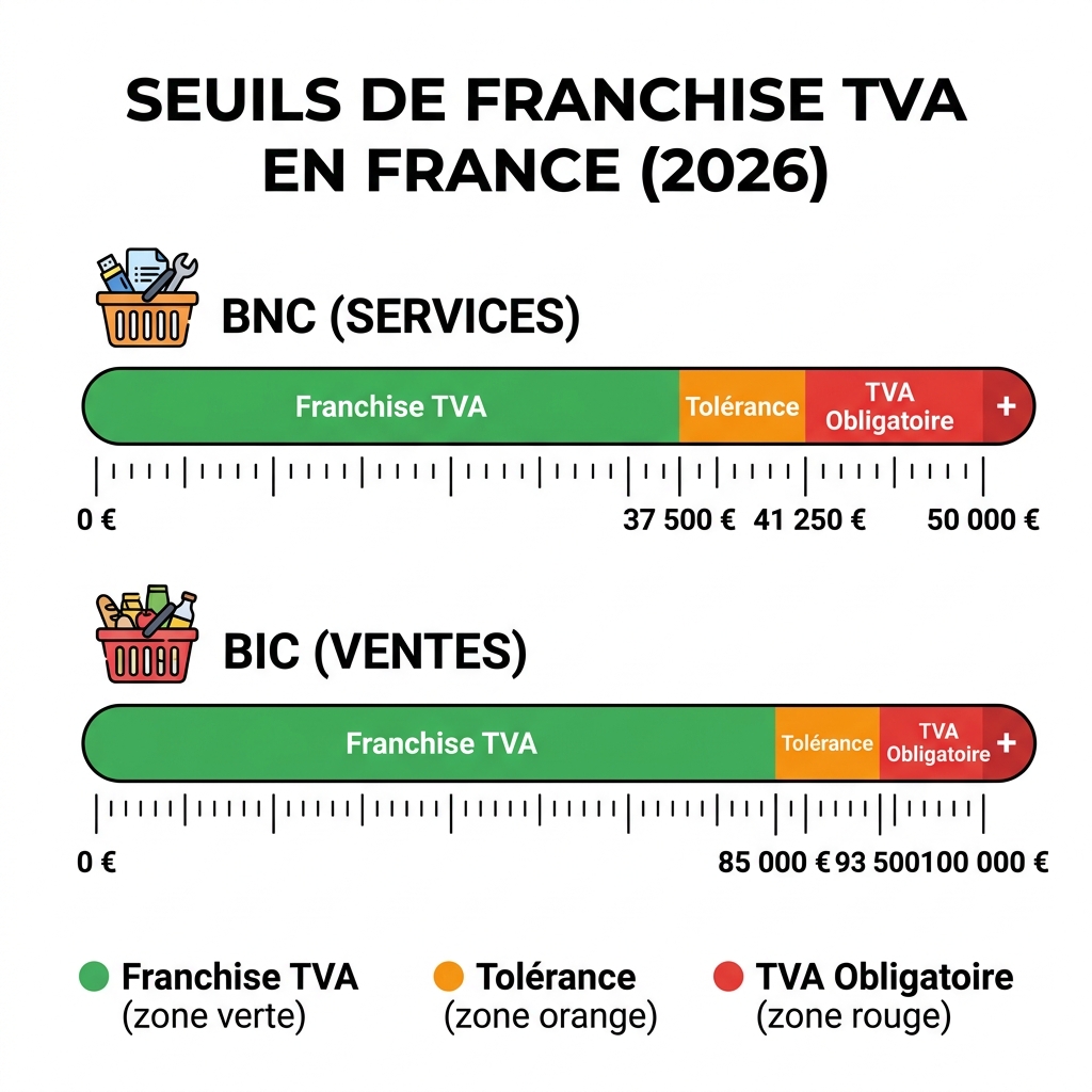 Seuils de franchise en base de TVA freelance : BNC et BIC, seuils de base et majorés