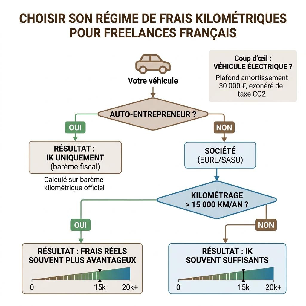 Arbre de décision voiture freelance : indemnités kilométriques vs frais réels selon le statut